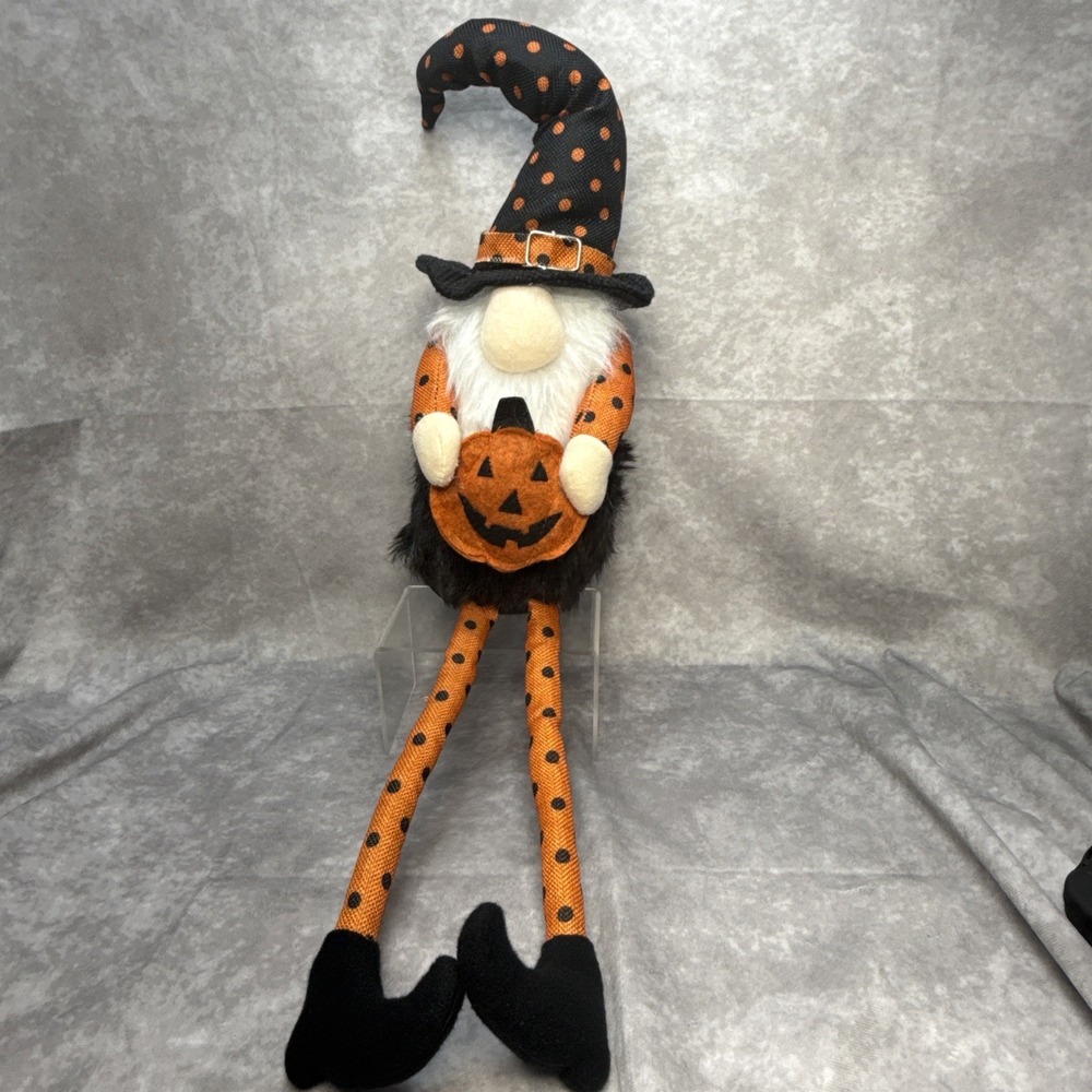 Halloween Gnome Plush Shelf Sitter Doll 23" Decor Orange & Black Polka Dots